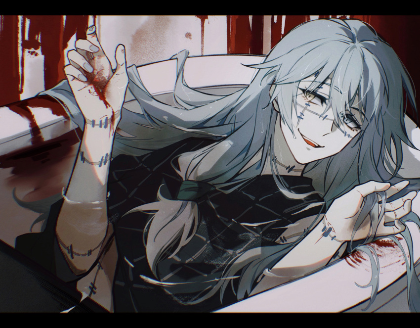 1boy :d absurdres bathing bathtub black_shirt blood blood_on_hands blood_on_wall blood_splatter blue_eyes empty_eyes film_grain grey_hair grey_nails grid_print hair_between_eyes hair_flowing_over hands_up heterochromia highres jujutsu_kaisen letterboxed long_hair looking_at_viewer low-tied_long_hair mahito_(jujutsu_kaisen) male_focus open_mouth pale_skin partially_submerged print_shirt shigatsuchichi shirt short_sleeves smile solo stitched_arm stitched_face stitched_neck stitches torn_sleeve wet wet_hair yellow_eyes