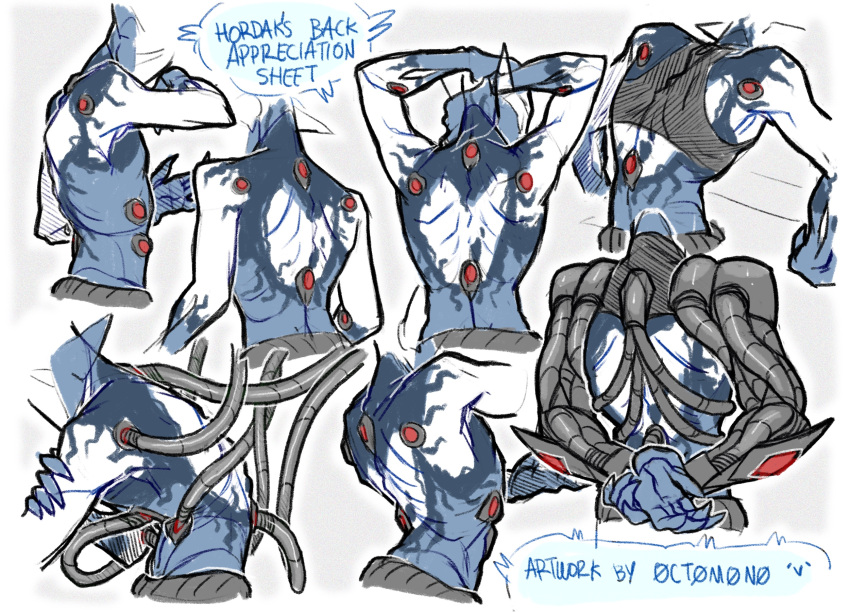 0ct0m0n0 blue_body faceless_character faceless_humanoid faceless_male hands_behind_back hands_behind_head hi_res humanoid humanoid_pointy_ears male rear_view side_view simple_background sketch_page solo white_background white_body