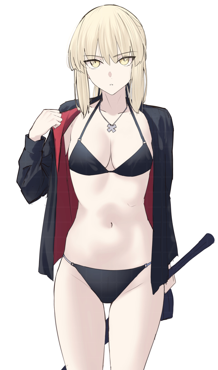 absurdres alternate_costume artoria_pendragon_(fate) bikini black_bikini blonde_hair bovine breasts collarbone fate/grand_order fate_(series) female highres holding holding_sword holding_weapon jewelry medium_breasts medium_hair navel necklace okuma707 saber_alter saber_alter_(ver._shinjuku_1999)_(fate) simple_background solo stomach swimsuit sword thighs weapon white_background