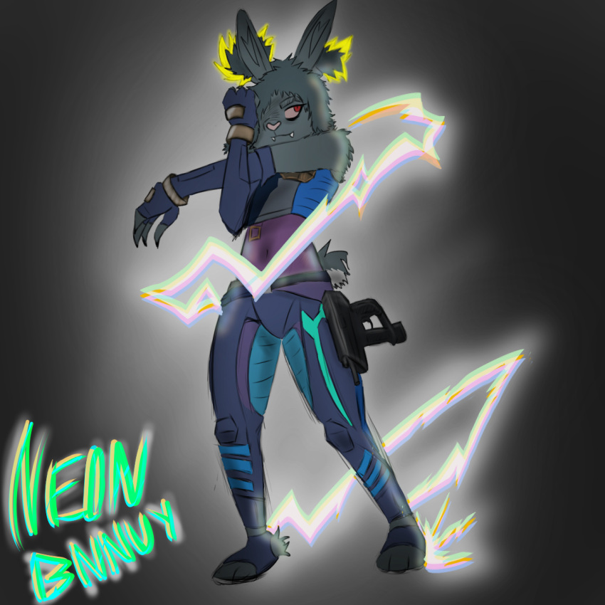 anthro bioelectricity clothing cosplay eyebrows feet fingerless_gloves fluffy fluffy_hair foot_wraps gloves gun hair handgun handwear heart_nose heart_symbol hi_res lagomorph leporid lord_wilhelm_nasseem_(templar_ponyboy) machine_pistol male mammal pink_sclera rabbit ranged_weapon red_eyes riot_games solo teeth templar_ponyboy tencent thick_eyebrows valorant vampire weapon wraps