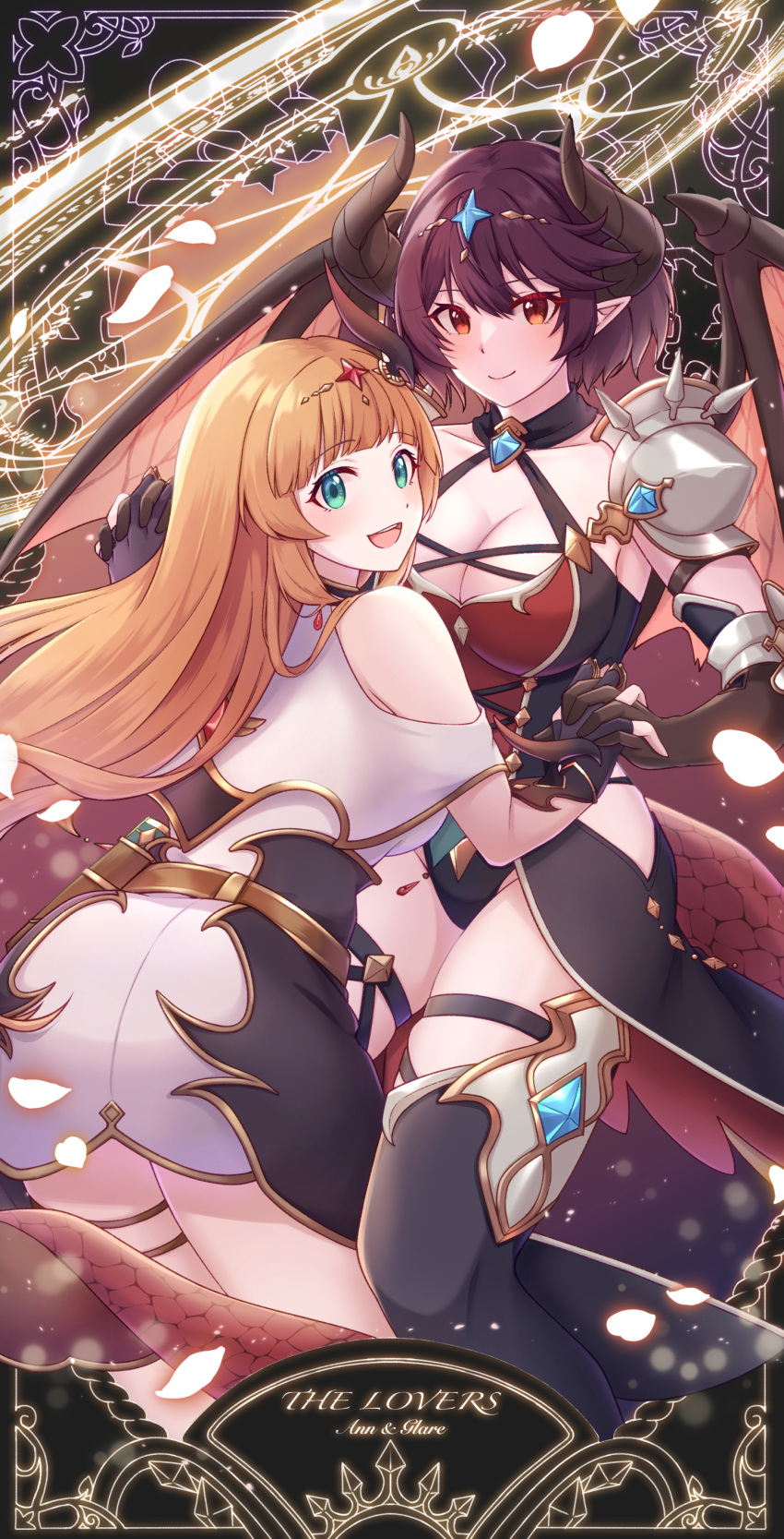 2girls absurdres altheavin anne_(shingeki_no_bahamut) armor dragon_girl dragon_horns dragon_tail dragon_wings dress gloves grea_(shingeki_no_bahamut) green_eyes highres hime_cut holding_hands horns interlocked_fingers leotard long_hair magic_circle multiple_girls orange_hair pauldrons petals princess_connect! red_hair short_hair shoulder_armor single_pauldron tail tarot the_lovers_(tarot) thigh_strap thighhighs white_dress wings