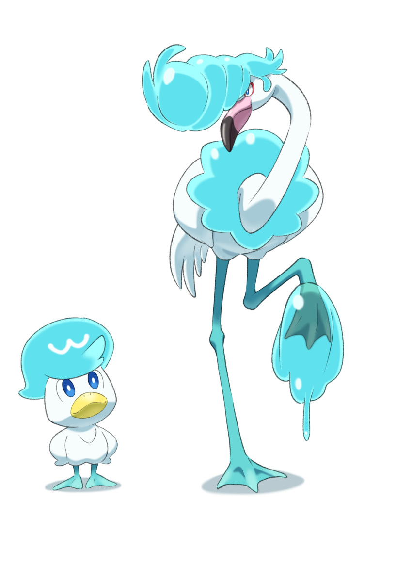 2022 avian beak biped bird duo fakemon feet feral flamingo generation_9_pokemon hi_res king_squid long_legs long_neck membrane_(anatomy) nintendo pokemon pokemon_(species) pompadour quaxly simple_background toes webbed_feet white_background white_body