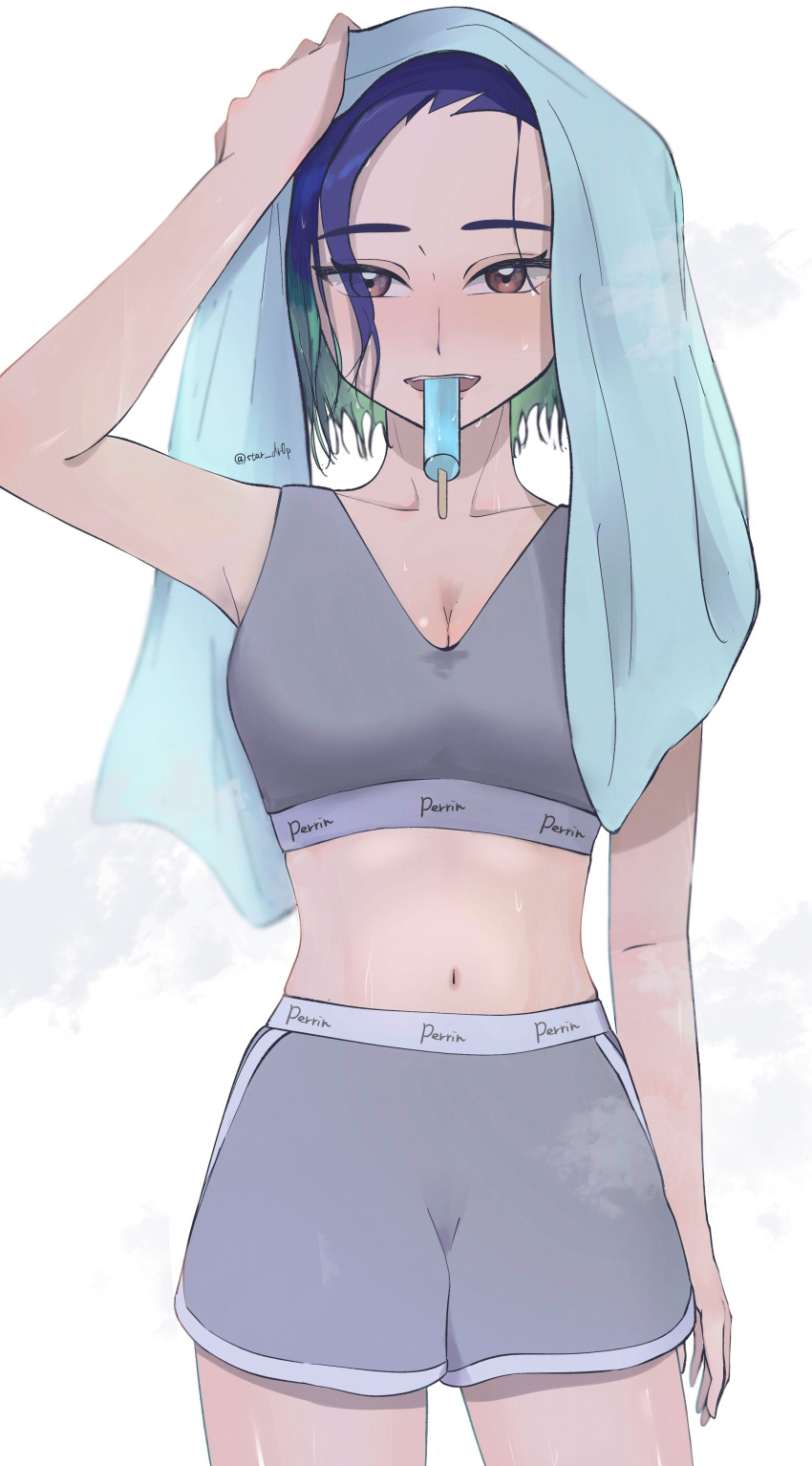 absurdres arm_at_side blue_hair blue_towel breasts collarbone cowboy_shot dark_blue_hair eyes_visible_through_hair female food food_in_mouth green_hair grey_shorts grey_sports_bra hand_up highres looking_at_viewer medium_breasts multicolored_hair navel open_mouth perrin_(pokemon) pokemon pokemon_sv popsicle popsicle_in_mouth red_eyes short_hair shorts simple_background solo sports_bra star_dr0p steaming_body straight-on teeth towel towel_on_head twitter_username upper_teeth_only wet wet_hair white_background