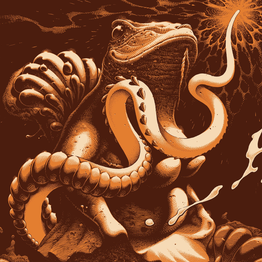 aaron_horkey album_cover boris_(band) breasts cover female frog_girl highres large_breasts monochrome official_art orange_theme skirt smile solo tentacle upper_body water