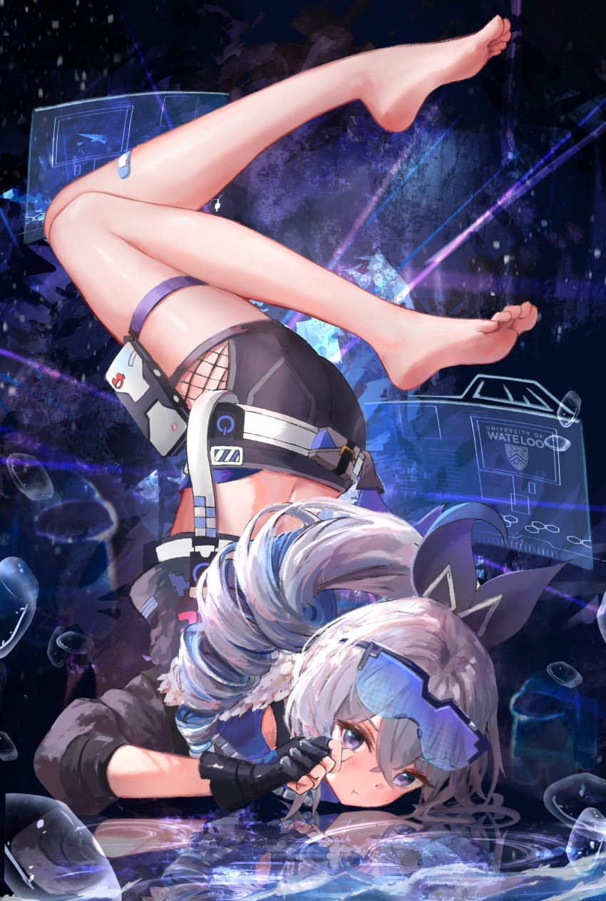 absurdres ass back bare_legs barefoot black_gloves black_jacket black_shorts drill_hair female fishnet_cutout gloves goggles goggles_on_head grey_eyes grey_hair highres holographic_touchscreen honkai:_star_rail honkai_(series) jacket no_shoes redcxca reflective_floor short_shorts shorts silver_wolf_(honkai:_star_rail) soles solo thighs toes top-down_bottom-up