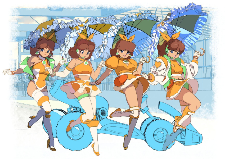 blue_eyes boots bow brown_hair crop_top dress earrings edoya_inuhachi elbow_gloves female flower_earrings gloves go-kart hairbow highres holding holding_umbrella jewelry leotard mario_(series) mario_kart midriff multiple_views navel open_mouth orange_dress orange_leotard panties pantyshot parasol princess_daisy single_glove skirt smile thigh_boots thighhighs umbrella underwear white_gloves white_thighhighs