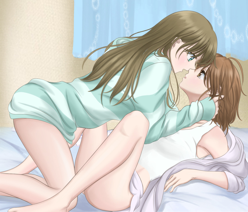 2girls arisugawa_arisu_(mainars) bare_legs barefoot blue_eyes blue_hoodie brown_eyes brown_hair commentary_request curtains earrings eye_contact hand_in_another's_hair hand_on_another's_neck highres hood hoodie indoors jewelry long_hair long_sleeves looking_at_another lying multiple_girls on_back on_bed open_clothes open_hoodie open_mouth original parted_lips purple_hoodie sleeves_rolled_up striped_clothes striped_hoodie stud_earrings tank_top white_tank_top yuri