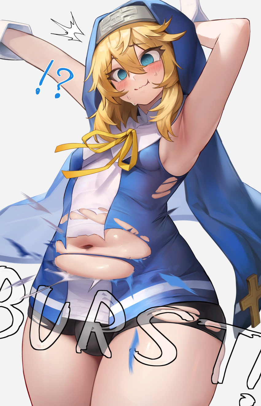 !? 1boy @_@ absurdres arm_behind_head blonde_hair blue_eyes blush breasts bridget bulge closed_mouth commentary_request cowboy_shot guilty_gear guilty_gear_strive guilty_gear_xx hair_between_eyes hakusyokuto highres navel otoko_no_ko outstretched_arm paid_reward_available short_shorts shorts simple_background sleeveless solo sound_effects thick_thighs thighs torn_clothes white_background wrist_cuffs