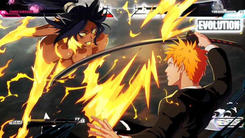 absurdres aura bare_shoulders black_hair black_kimono bleach breasts dark-skinned_female dark_skin easterhands electricity fighting_game health_bar highres holding holding_sword holding_weapon japanese_clothes katana kimono kurosaki_ichigo large_breasts long_hair nude orange_hair ponytail shihouin_yoruichi short_hair sword weapon yellow_eyes