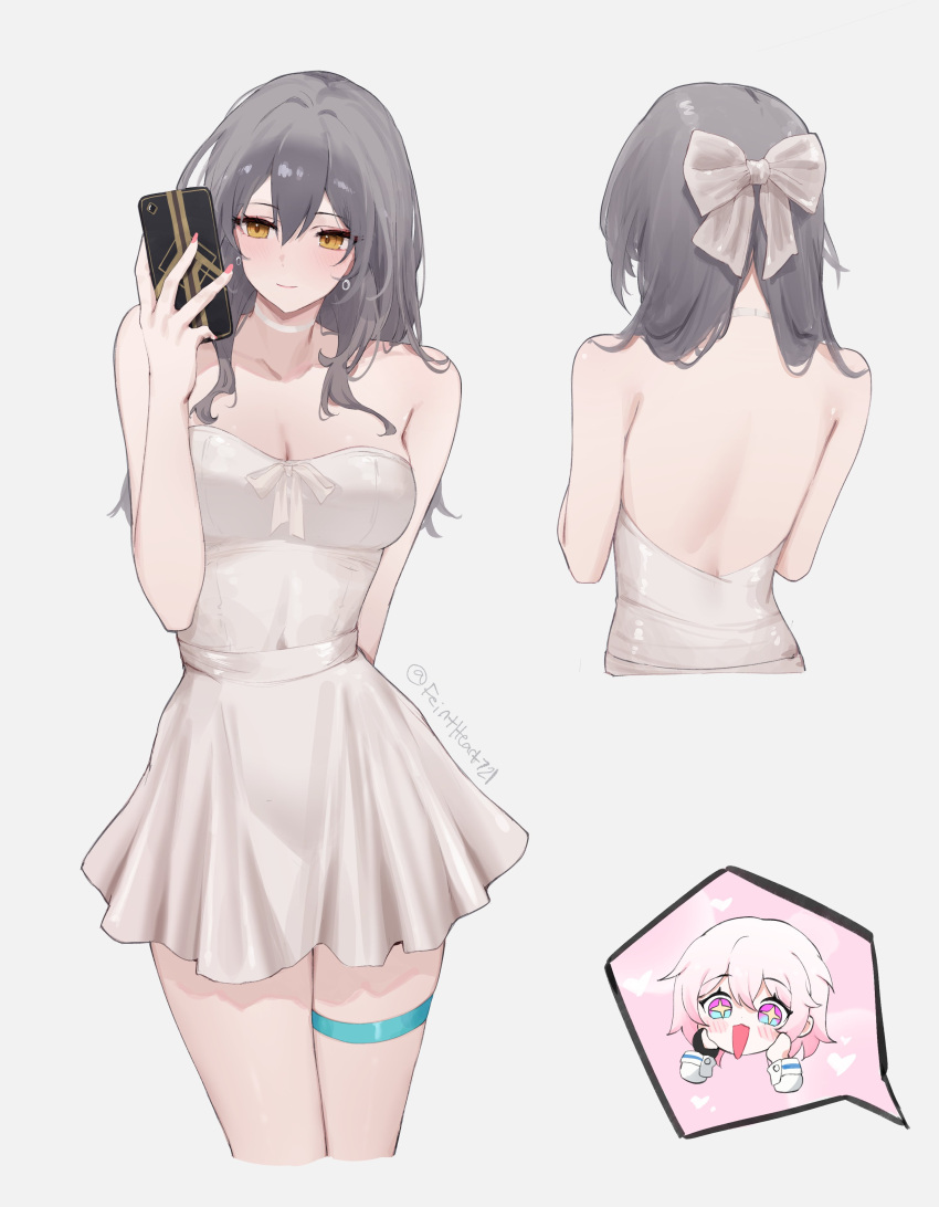 +_+ 2girls absurdres backless_dress backless_outfit bare_arms bare_back bare_shoulders bow cellphone chibi cropped_legs dress feint721 grey_bow grey_hair hairbow highres holding holding_phone honkai:_star_rail honkai_(series) long_hair march_7th_(honkai:_star_rail) multiple_girls multiple_views phone pink_hair short_dress smartphone smile standing stelle_(honkai:_star_rail) strapless strapless_dress thigh_strap trailblazer_(honkai:_star_rail) white_dress yellow_eyes