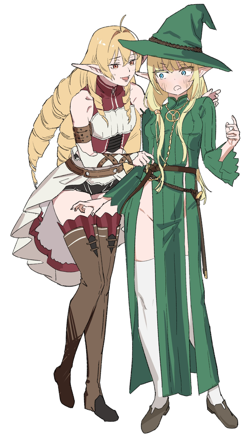 2girls absurdres ahoge bare_legs bare_shoulders belt black_shorts blonde_hair blue_eyes boots breasts brown_belt brown_footwear chain_necklace chains crop_top detached_sleeves dress drill_hair elf elinalise_dragonroad green_dress hair_intakes hat highleg highres jewelry knife long_hair multiple_girls mushoku_tensei necklace open_mouth orange_eyes orc_eiyuu_monogatari pointy_ears red_shirt shirt shoes shorts showgirl_skirt sidelocks simple_background thighhighs thighs thunder_sonia tokita_(mag0) twin_drills very_long_hair weapon white_background witch witch_hat