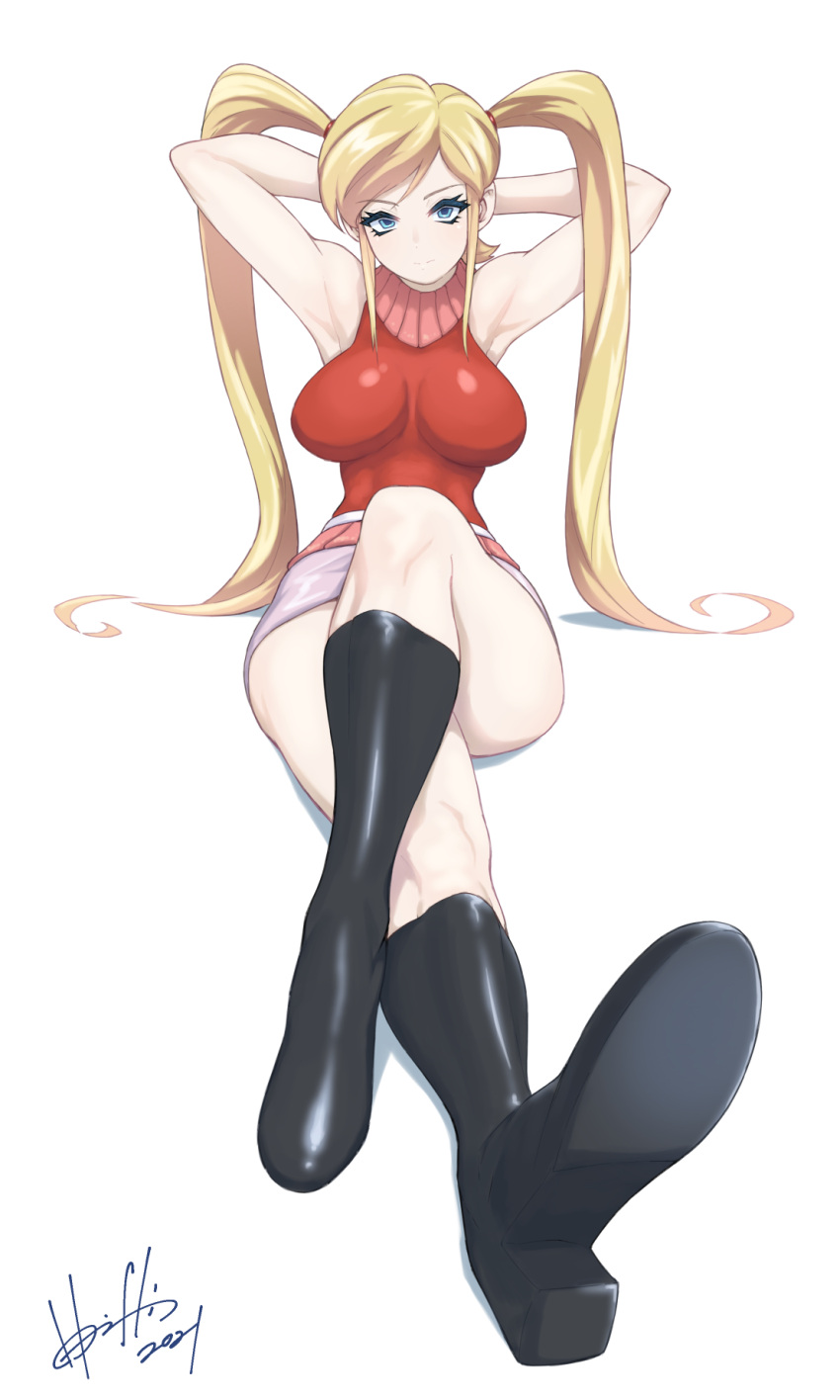 2021 android big_breasts blonde_hair blue_eyes boots breasts crossed_legs feet female gamia_q hori_shin_(horishin1986) large_breasts light-skinned_female light_skin long_hair looking_at_viewer mazinger mazinger_z skirt solo twintails