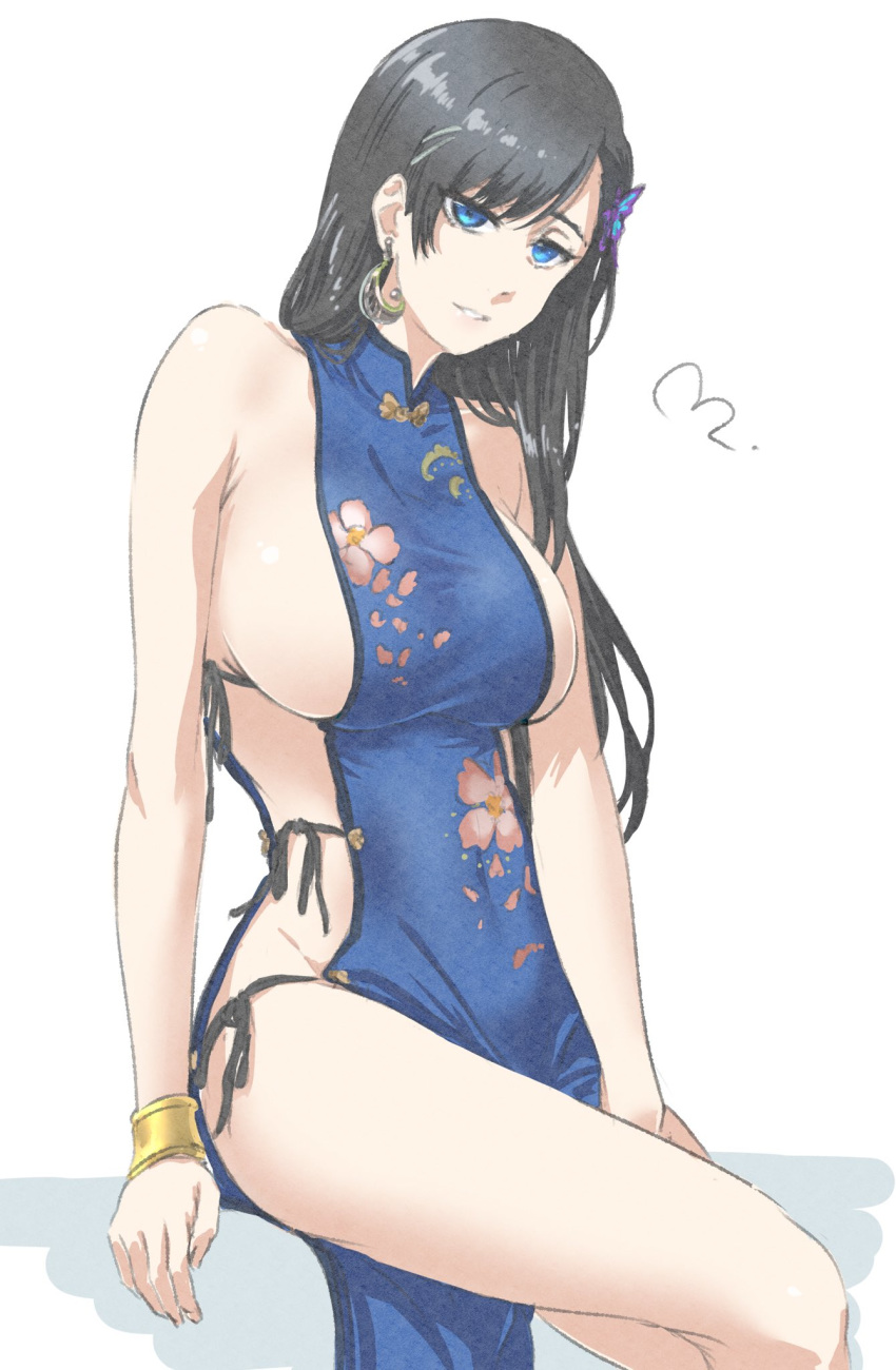 arm_support bare_arms bare_shoulders black_hair blue_dress blue_eyes bracer breasts burn_the_witch butterfly_hair_ornament china_dress chinese_clothes covered_navel dress earrings eyebrows eyelashes female hair_ornament half-closed_eyes highres jewelry large_breasts long_hair looking_at_viewer mitsugu naked_tabard niihashi_noel no_bra no_panties parted_lips print_dress revealing_clothes sideboob sideless_outfit simple_background sitting solo tabard thighs white_background