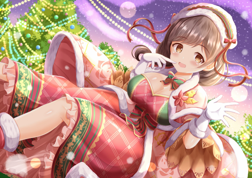 :d blush breasts brown_eyes brown_hair capelet christmas christmas_ornaments christmas_tree commentary_request dress feet_out_of_frame female finger_to_mouth frilled_dress frills fur-trimmed_capelet fur-trimmed_gloves fur-trimmed_hairband fur_trim gloves hairband hands_up highres large_breasts looking_at_viewer night night_sky ongeki red_capelet red_dress red_hairband sakurai_haruna_(ongeki) sky smile solo star_(sky) starry_sky white_gloves xenon_(for_achieve)