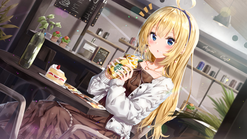 aogiri_koukou_game_club blonde_hair blue_eyes blush book bow cake dress drink food fruit headband kuria_(clear_trip_second) long_hair minazuki_natsuki necklace starbucks strawberry