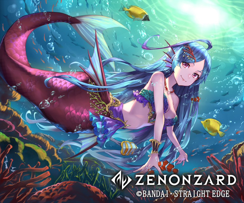 animal blue_hair bubbles essual_(layer_world) fish long_hair mermaid necklace red_eyes underwater water zenonzard