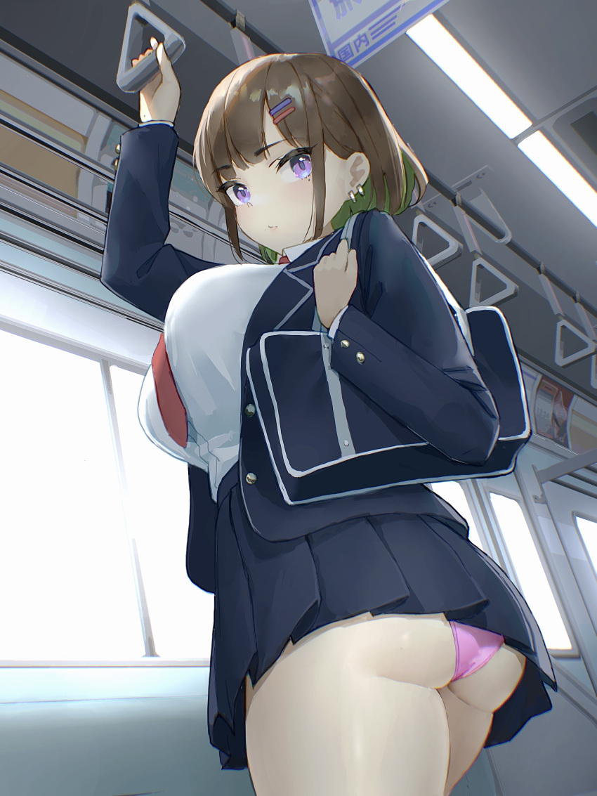 absurdres ass bag blazer bra breasts brown_hair classroom commentary_request curvy female hair_ornament hairclip hand_grip highres hoyhoy_colo indoors jacket large_breasts long_sleeves looking_at_viewer necktie original panties pink_bra pink_panties pleated_skirt purple_eyes school_uniform shirt short_hair skirt solo standing thighs train_interior underbutt underwear window