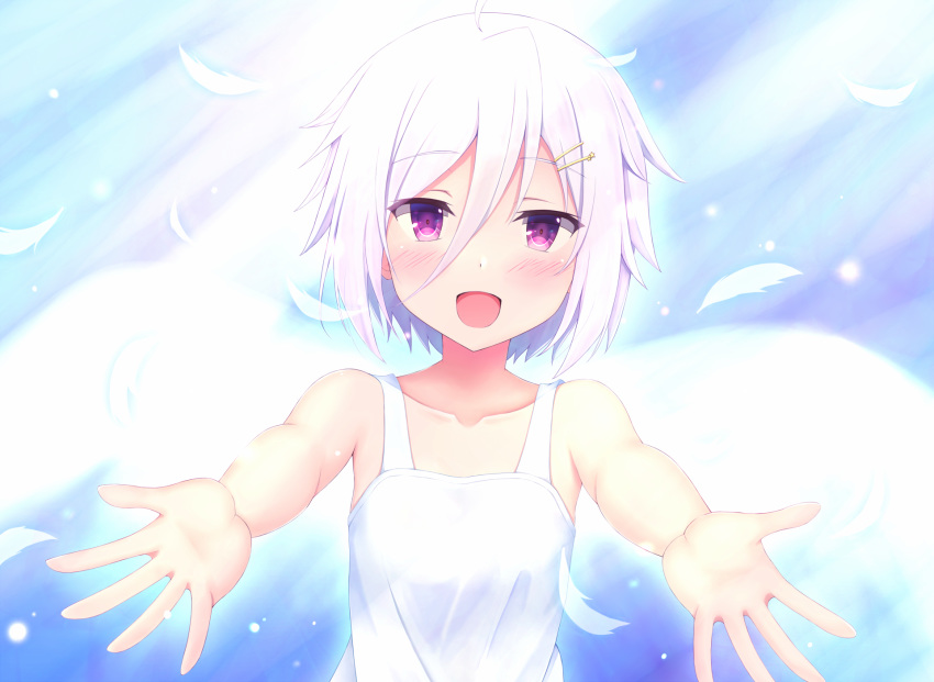 blush dress feathers flat_chest itomi_sayaka purple_eyes short_hair summer_dress tagme_(artist) toji_no_miko white_hair wings