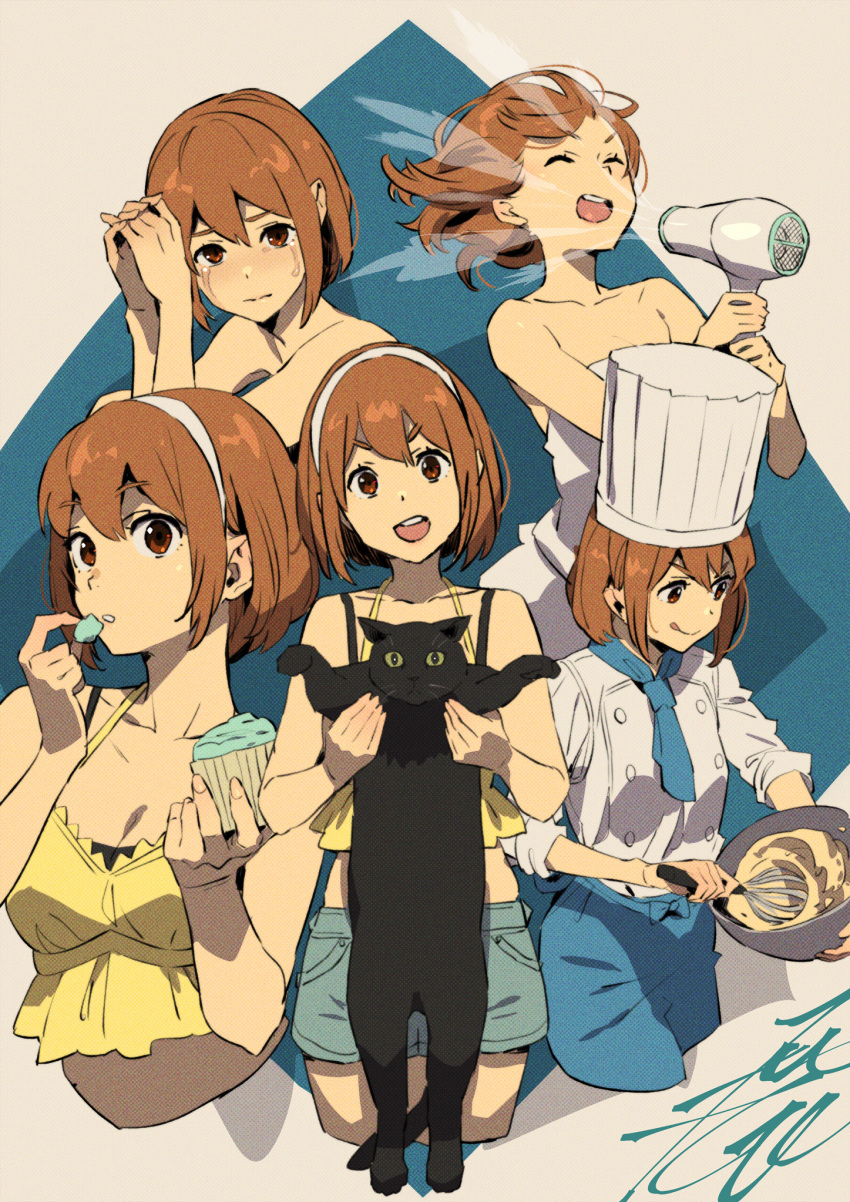 :p black_bra black_cat bra breasts brown_eyes brown_hair cake_batter camisole chef chef_hat closed_eyes collage cooking cropped_legs cropped_torso crying eating feline female hair_dryer hat headband highres kobayashi_gen looking_at_viewer medium_breasts medium_hair naked_towel open_mouth sajima_yumi school_girl_strikers shirt shorts signature simple_background tank_top tongue tongue_out towel underwear white_shirt yellow_tank_top