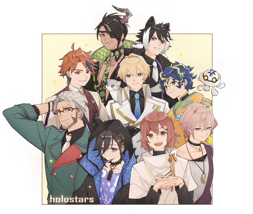 6+boys :d absurdres animal animal_ears animal_on_shoulder aragami_oga arurandeisu arurandeisu_(old_design) astel_leda black_choker black_hair black_shirt black_vest blonde_hair blue_eyes blue_hair blue_necktie border brown_hair choker closed_mouth collar collarbone commentary_request copyright_name dark-skinned_male dark_skin everyone eyepatch facial_hair ferret glasses green_eyes grey_hair grin hair_between_eyes hair_ornament hanasaki_miyabi hanasaki_miyabi_(1st_costume) hand_on_own_head highres hiyamaru holostars hood hood_up horns interlocked_fingers jackal_ears jacket jewelry kageyama_shien kageyama_shien_(1st_costume) kanade_izuru kanade_izuru_(1st_costume) kishido_temma kishido_temma_(1st_costume) lapel_pin lapels long_sleeves looking_at_viewer male_focus medium_hair multicolored_hair multiple_boys necktie open_mouth outside_border own_hands_together pendant pink_hair pocket_watch poruneu purple_eyes red_hair red_necktie rikka_(1st_costume)_(holostars) rikka_(holostars) sharp_teeth shirt short_hair silou_b single_horn single_sleeve smile spiked_collar spikes star_(symbol) streaked_hair striped_clothes striped_shirt teeth tie_clip two-tone_hair vest virtual_youtuber watch white_border white_hair white_jacket white_necktie white_shirt yellow_background yellow_eyes yukoku_roberu yukoku_roberu_(1st_costume)