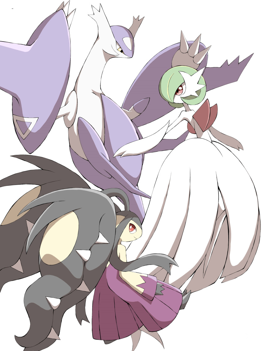 2others absurdres claws closed_mouth commentary_request dated gardevoir highres latias looking_back mawile mega_gardevoir mega_latias mega_mawile mega_pokemon multiple_others outstretched_arms pokemon pokemon_(creature) red_eyes shabana_may signature white_background yellow_eyes