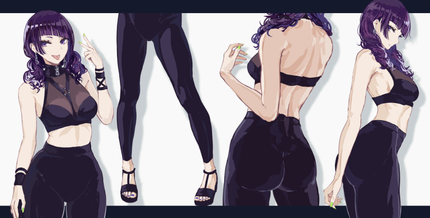 bad_id bad_pixiv_id bare_shoulders black_footwear black_legwear black_pants black_shirt breasts chains commentary crop_top diagonal_bangs earrings female green_nails hand_up highres idolmaster idolmaster_shiny_colors jewelry leggings letterboxed long_hair looking_at_viewer midriff minyom multiple_views nail_polish pants purple_eyes purple_hair purple_nails sandals shirt sleeveless sleeveless_shirt small_breasts standing tanaka_mamimi toenail_polish toenails v