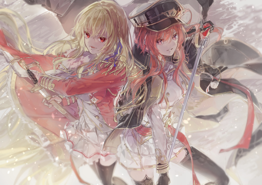 2girls absurdres aiguillette azur_lane black_coat black_gloves black_headwear black_legwear blonde_hair blue_ribbon braid breasts buttons cape coat commentary_request double-breasted epaulettes fur-trimmed_cape fur_trim gloves gold_trim hair_ribbon hat highres jacket king_george_v_(azur_lane) large_breasts long_hair medal military military_uniform miniskirt monarch_(azur_lane) multiple_girls peaked_cap pleated_skirt purple_eyes red_cape red_eyes red_hair red_jacket red_ribbon ribbon sheath shometsu-kei_no_teruru skirt sword thigh_strap thighhighs uniform unsheathing water weapon white_jacket white_skirt zettai_ryouiki