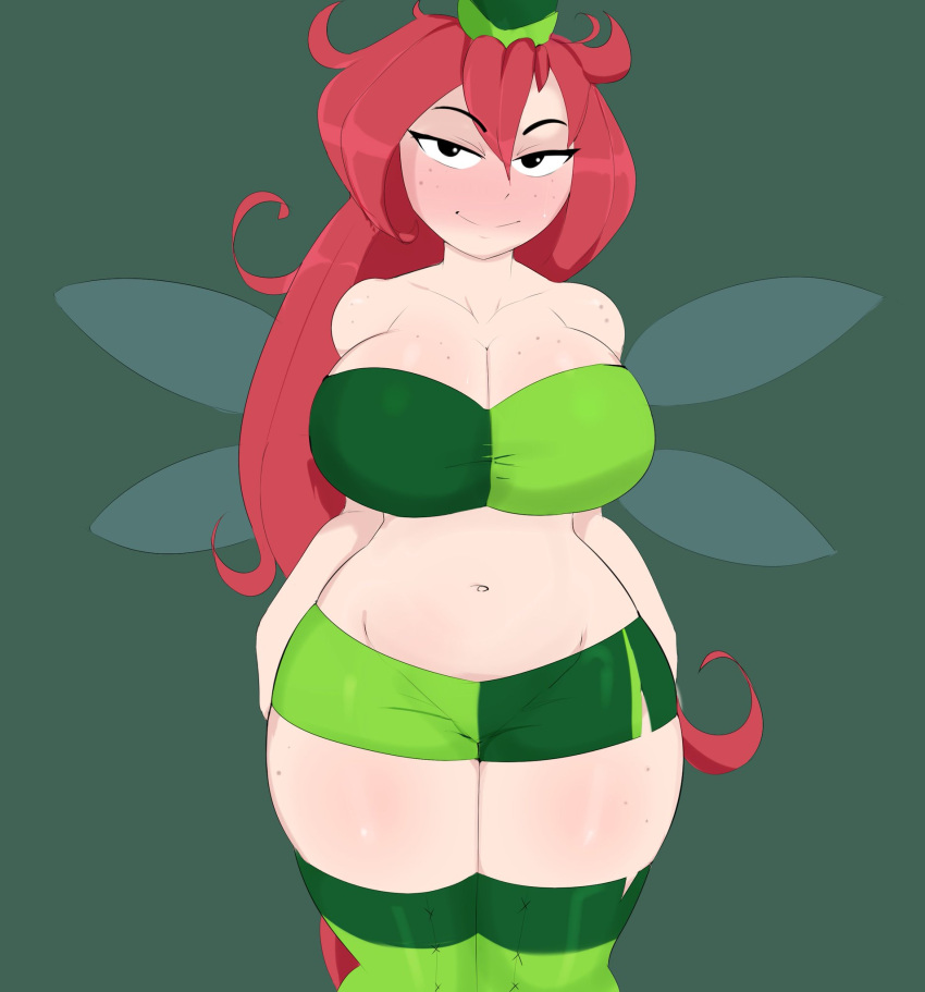 1girls belly belly_button betilla_(rayman) black_eyes blush bra breasts clothed clothing fairy fairy_wings female female_focus female_only g3mma green_stockings hat hi_res large_breasts nymph_(rayman) rayman_(series) rayman_origins red_hair seductive seductive_eyes seductive_look seductive_smile shorts smile solo stockings thick_thighs wings