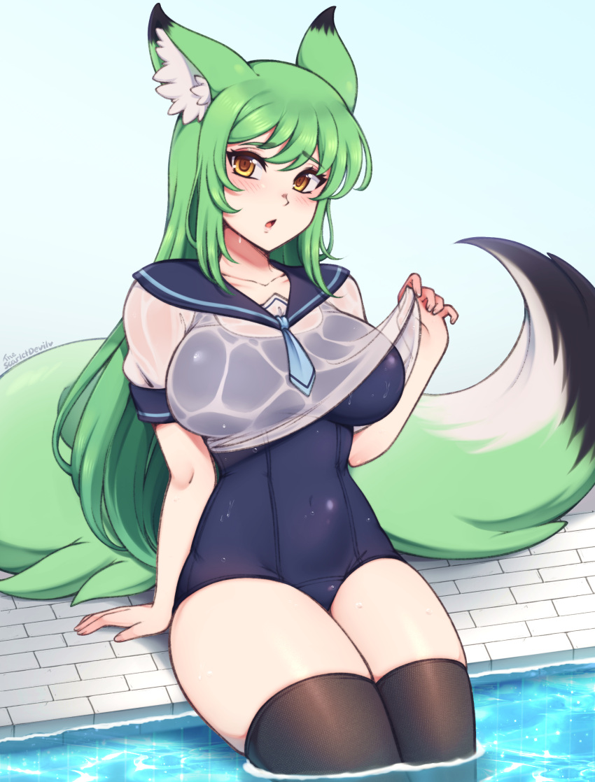 absurdres animal_ears arm_support black_thighhighs blue_one-piece_swimsuit blush breasts brown_eyes collarbone commentary commission female fox_ears fox_girl fox_tail green_hair highres large_breasts looking_at_viewer one-piece_swimsuit original parted_lips school_swimsuit sitting solo swimsuit symbol-only_commentary tail the_scarlet_devil thick_thighs thighhighs thighs water