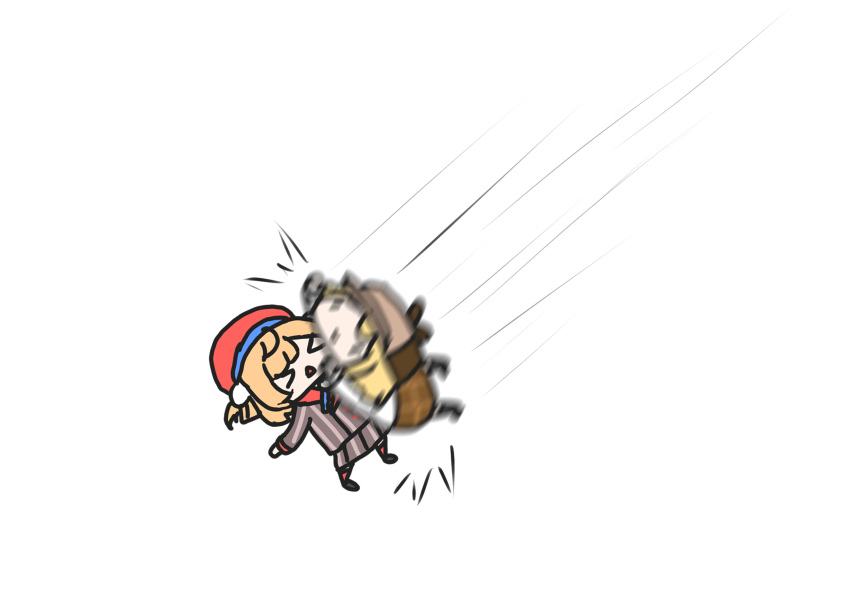 >_< 2girls absurdres beret blonde_hair blurry brown_headwear chibi commentary english_commentary falling ground_pound hair_ornament hat highres hololive hololive_english indie_virtual_youtuber jacket landing_impact long_sleeves monotoxy motion_blur motion_lines multiple_girls open_mouth plaid plaid_skirt pom_pom_(clothes) pom_pom_hair_ornament red_headwear shigure_ui_(vtuber) shirt short_hair skirt smile smol_ame striped virtual_youtuber walfie watson_amelia watson_amelia_(1st_costume) white_background white_shirt