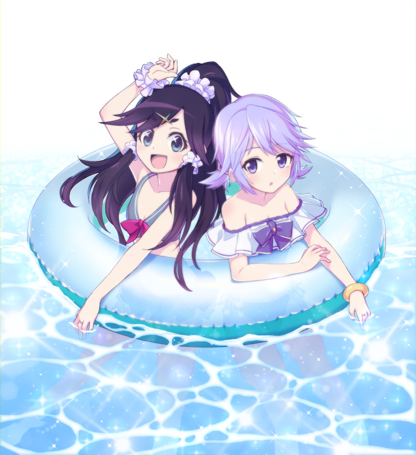 2girls alternate_costume alternate_hairstyle arm_up bikini black_hair blue_eyes bow bracelet degarashi_(ponkotsu) high_ponytail highres hozumi_shizuku innertube jewelry long_hair looking_at_viewer magia_record:_mahou_shoujo_madoka_magica_gaiden mahou_shoujo_madoka_magica mariko_ayaka multiple_girls open_mouth pink_bow ponytail purple_eyes purple_hair simple_background smile swim_ring swimsuit upper_body water white_background white_bikini