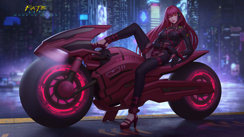 bodysuit building chaos_(3726393) city cyberpunk_2077 fate/grand_order fate_(series) gun motorcycle night scathach_(fate/grand_order) techgirl weapon