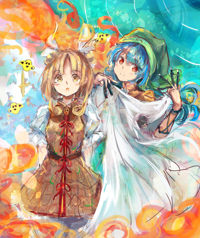 2girls :o arm_ribbon armor armored_dress between_fingers blonde_hair blue_hair blush bow brown_dress carving chisel dress fire green_bow green_headwear hair_ribbon hands_up haniwa_(statue) haniyasushin_keiki head_scarf highres holding holding_chisel holding_cloth idol joutouguu_mayumi long_hair looking_at_viewer multiple_girls parted_bangs puffy_short_sleeves puffy_sleeves red_eyes red_ribbon ribbon shirt short_hair short_sleeves sidelocks smile sparkle surprised touhou uwazumi white_ribbon wood_carving_tool yellow_dress yellow_eyes yellow_shirt