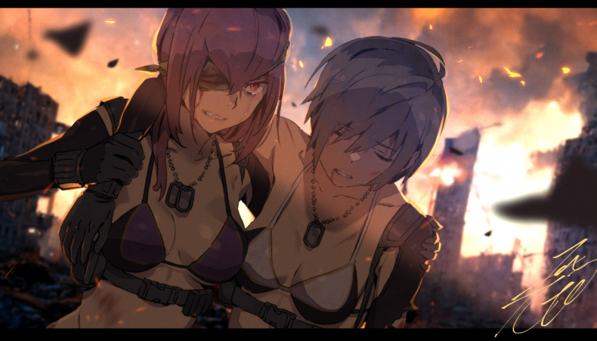 2girls ahoge arm_around_shoulder blood blue_hair bra breasts city clenched_teeth closed_eyes commentary_request debris dog_tags eyepatch gloves ibuki_imina kobayashi_gen letterboxed medium_breasts multiple_girls orange_eyes outdoors parted_lips purple_hair rinoda_mano school_girl_strikers tactical_clothes tears teeth underwear upper_body wince