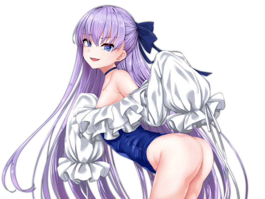 arched_back ass bare_shoulders blue_eyes blue_ribbon blush breasts choker collarbone fate/grand_order fate_(series) female frilled_one-piece_swimsuit frills hair_ribbon highleg highleg_swimsuit highres long_hair long_sleeves looking_at_viewer meltryllis_(fate) meltryllis_(swimsuit_lancer)_(fate) meltryllis_(swimsuit_lancer)_(second_ascension)_(fate) off-shoulder_one-piece_swimsuit off_shoulder one-piece_swimsuit open_mouth puffy_sleeves purple_hair ribbon simple_background sleeves_past_fingers sleeves_past_wrists small_breasts smile solo swimsuit thighs touchuu_kasou very_long_hair white_background white_ribbon