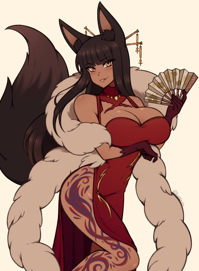 absurdres animal_ears arm_under_breasts blunt_bangs blush breast_lift breasts brown_eyes brown_gloves brown_hair cleavage commission dark-skinned_female dark_skin dress female fox_ears fox_girl fox_tail gloves hand_fan highres holding holding_fan large_breasts leg_tattoo lips long_hair looking_at_viewer original parted_lips red_dress smile solo tail tattoo the_scarlet_devil