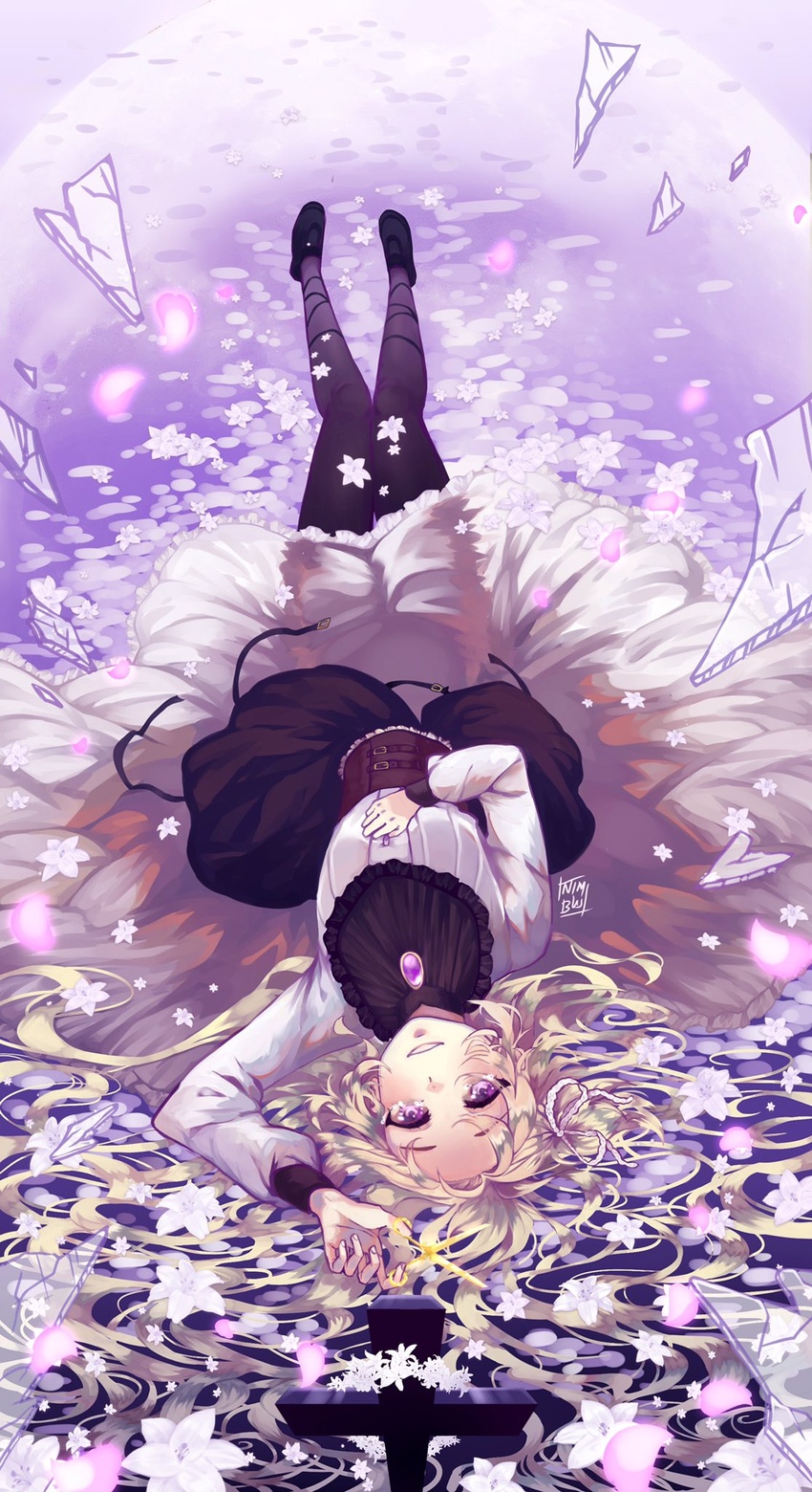 blonde_hair cross crying dress female flower full_body gem highres holding holding_weapon lisette_(pocket_mirror) long_hair looking_at_viewer lying nimbuseki on_back pale_skin petals pocket_mirror purple_eyes purple_gemstone purple_theme scissors smile spoilers tearing_up tombstone weapon