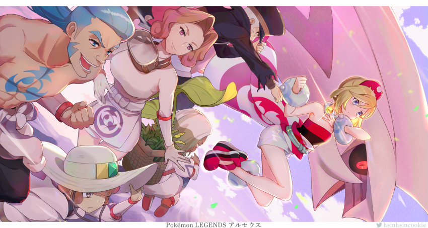 3boys 3girls abs anklet black_coat black_headwear blonde_hair blue_hair bracelet brown_hair calaba_(pokemon) chest_tattoo clenched_hand coat commentary_request copyright_name diving_mask diving_mask_around_neck gaeric_(pokemon) glint goggles hairband hat highres hsin ingo_(pokemon) irida_(pokemon) jewelry lian_(pokemon) long_hair md5_mismatch multiple_boys multiple_girls muscular muscular_male navel open_mouth palina_(pokemon) palkia pearl_clan_outfit pokemon pokemon_legends:_arceus ponytail red_footwear red_hairband resolution_mismatch sash shirt shoes short_hair shorts source_smaller strapless strapless_shirt tattoo topless_male waist_cape white_shorts