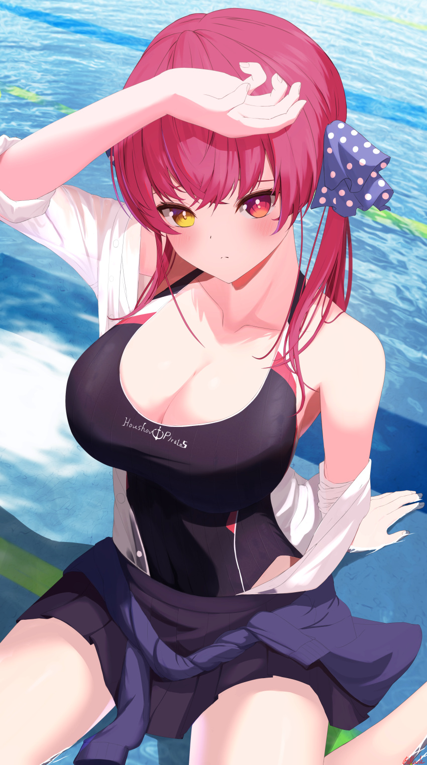 absurdres alternate_costume arm_up bizusuhatu123 black_one-piece_swimsuit black_skirt blue_ribbon blush breasts cleavage closed_mouth collarbone commentary_request competition_swimsuit facing_viewer female hair_ribbon heterochromia highres hololive houshou_marine large_breasts looking_down ocean one-piece_swimsuit pleated_skirt red_eyes red_hair ribbon shirt shirt_partially_removed sitting skirt sleeves_rolled_up solo swimsuit swimsuit_under_clothes twintails virtual_youtuber white_shirt yellow_eyes