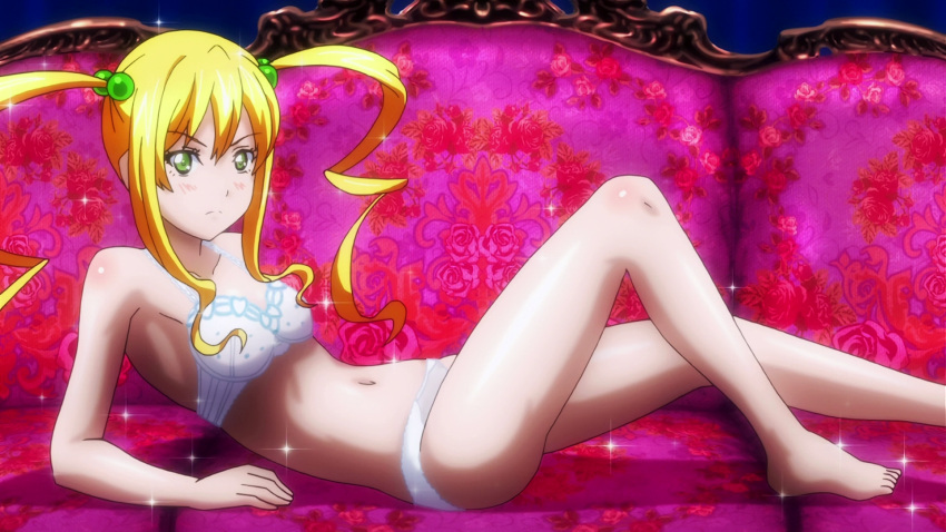 bare_arms bare_legs barefoot blonde_hair blush bra breasts closed_mouth collarbone couch eyecatch female frown green_eyes highres himegami_kodama lingerie long_hair lying maken-ki! navel on_back panties sidelocks small_breasts solo sparkle twintails underwear underwear_only white_bra white_panties