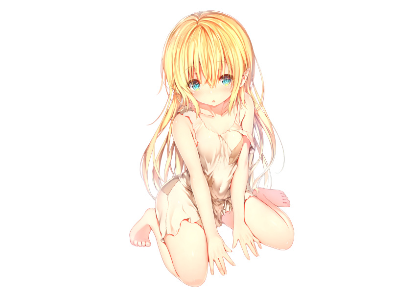 aqua_eyes barefoot blonde_hair blush dress long_hair original photoshop pointed_ears suneo white