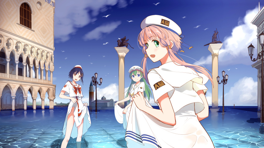 3girls absurdres aika_granzchesta alice_carroll aria_(manga) aria_company_uniform bare_legs beret bird blue_eyes blue_sky blush bow bowtie brown_eyes cloud cloudy_sky dress feet_out_of_frame from_behind gold_trim green_hair hair_ornament hair_tubes hat highres himeya_company_uniform jiege long_dress long_hair looking_at_viewer looking_back mizunashi_akari multiple_girls necktie open_mouth orange_planet_uniform outdoors piazza_san_marco pink_hair red_bow red_bowtie sailor_collar seabird seagull shadow short_hair short_hair_with_long_locks short_sleeves skirt_hold sky smile standing statue upper_body venice wading white_headwear white_necktie x_hair_ornament