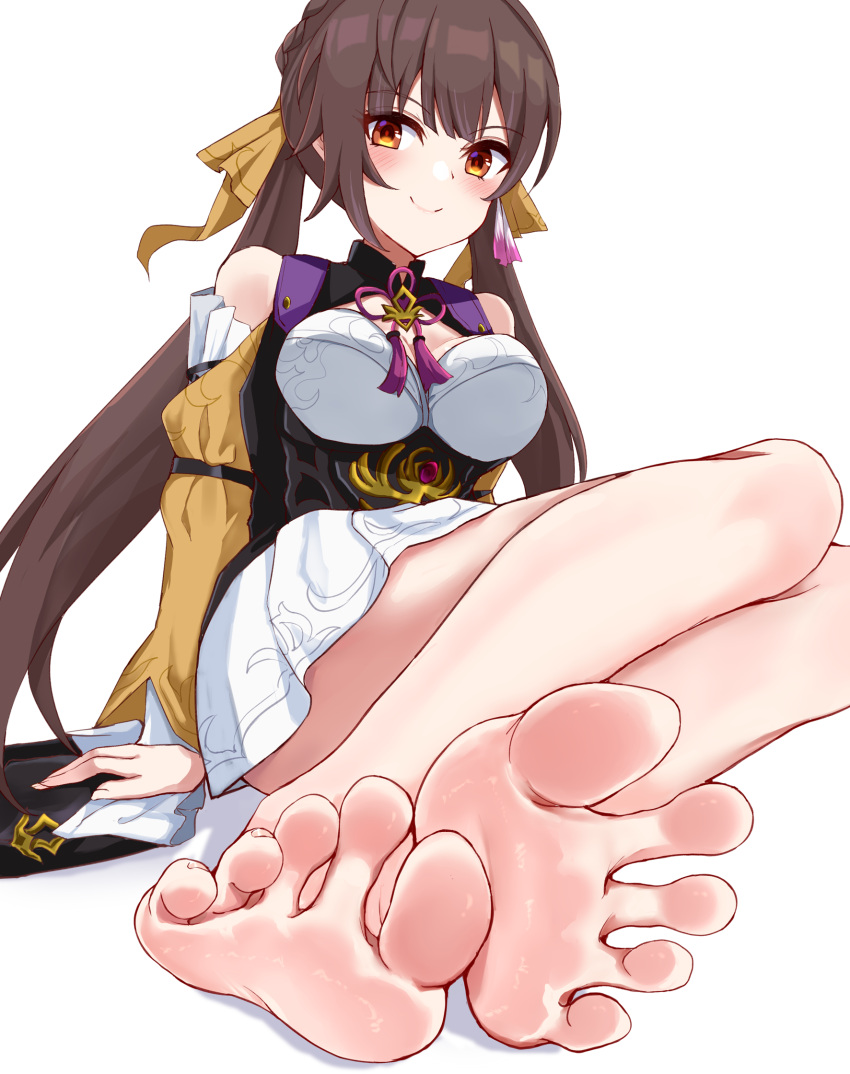 arm_support bare_shoulders barefoot black_shirt blush breasts brown_eyes brown_hair cleavage closed_mouth clothing_cutout commentary_request dorsiflexion feet female foot_focus foreshortening full_body hair_ribbon highres honkai:_star_rail honkai_(series) iberiko_(soinesitai) large_breasts legs long_hair looking_at_viewer on_ground ribbon shadow shiny_skin shirt shoulder_cutout sidelocks simple_background sitting skirt smile soles solo spread_toes sushang_(honkai:_star_rail) tassel toenails toes twintails white_background white_skirt yellow_ribbon