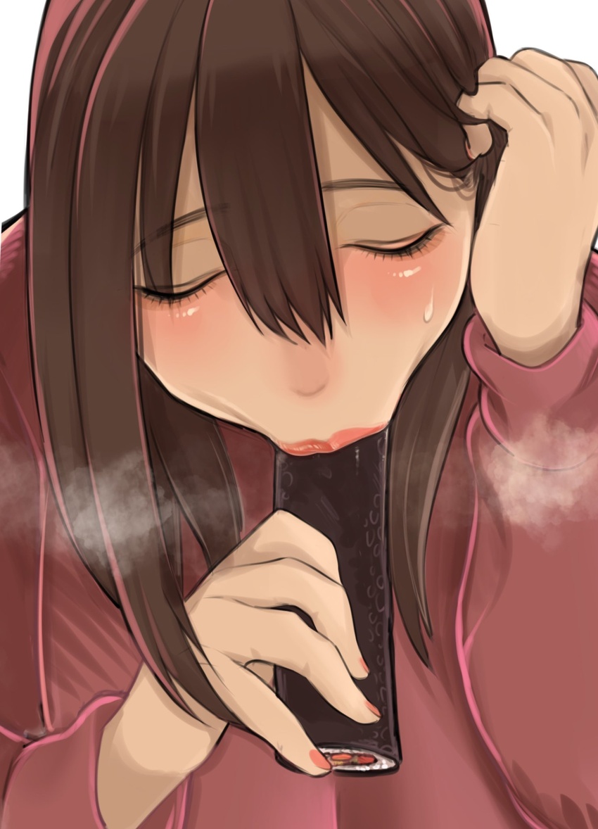 :>= blush breath brown_hair chichi8181 closed_eyes fellatio female fingernails food hair_between_eyes hand_in_own_hair hands hands_up highres holding leaning lips long_sleeves makizushi nail_polish oral original red_nails sexually_suggestive sidelocks simple_background simulated_fellatio solo steam sushi sweat sweatdrop takanashi_akiho_(chichi8181) tucking_hair upper_body white_background