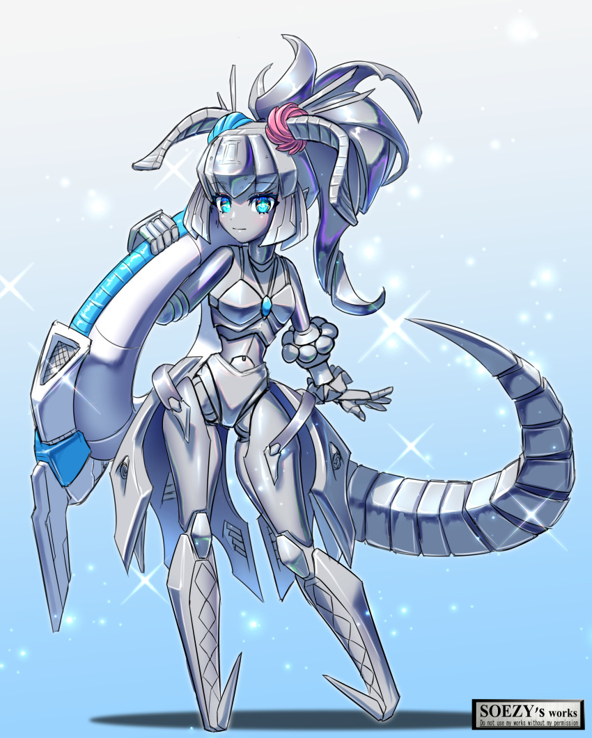 absurdres blue_eyes colored_skin commentary_request dragon_girl dragon_horns dragon_tail elizabeth_bathory_(fate) fate/grand_order fate_(series) female grey_hair grey_skin highres horns innertube joints long_hair looking_at_viewer mecha_eli-chan_mk.ii_(fate) mechanical_hair mechanical_horns mechanical_tail no_feet pointy_ears ponytail robot_girl robot_joints soezy solo standing swim_ring swimsuit tail