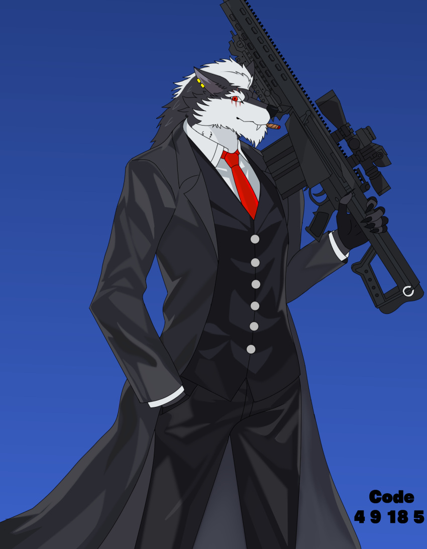 5_fingers anthro barrett barrett_m82a1 black_clothing black_coat black_nose black_suit black_topwear blue_background canid canine canis cigar cigar_in_mouth clothed clothing coat direlaxion ear_piercing eye_scar facial_scar fingers front_view fully_clothed fur grey_body grey_fur gun hand_in_pocket hi_res male mammal multicolored_body multicolored_fur necktie object_in_mouth piercing pockets portrait ranged_weapon red_eyes red_necktie rifle scar simple_background smoking sniper sniper_rifle snout solo standing suit three-quarter_portrait topwear two_tone_body two_tone_fur weapon white_body white_dress_shirt white_fur wolf