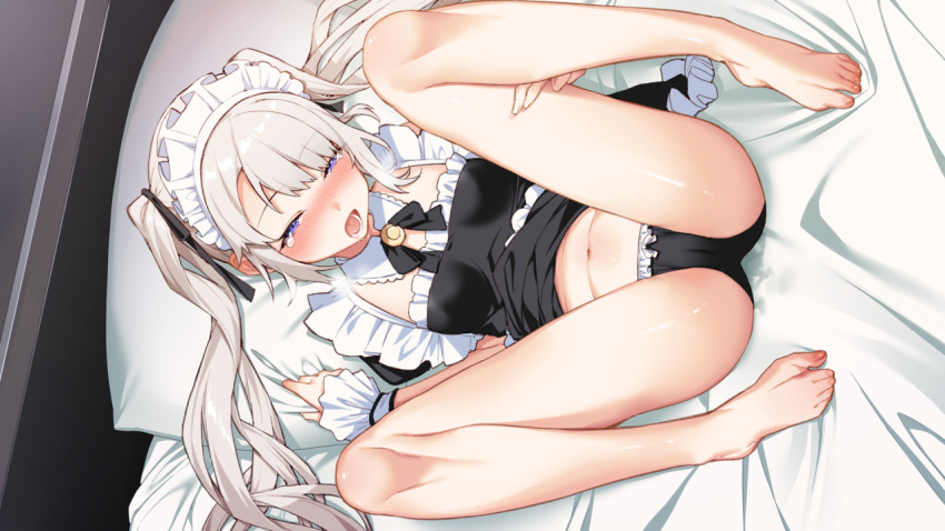 bad_id bad_twitter_id bare_legs barefoot bed_sheet black_panties blonde_hair blue_eyes blush breasts breath commentary_request detached_collar female groin hair_ribbon hair_tie half-closed_eyes hand_on_own_thigh heavy_breathing inactive_account looking_at_viewer lying maid maid_headdress navel on_back on_bed open_mouth original panties pillow pillow_grab rasaras_leonids ribbon small_breasts solo spread_legs steam tearing_up teeth twintails underwear wrist_cuffs