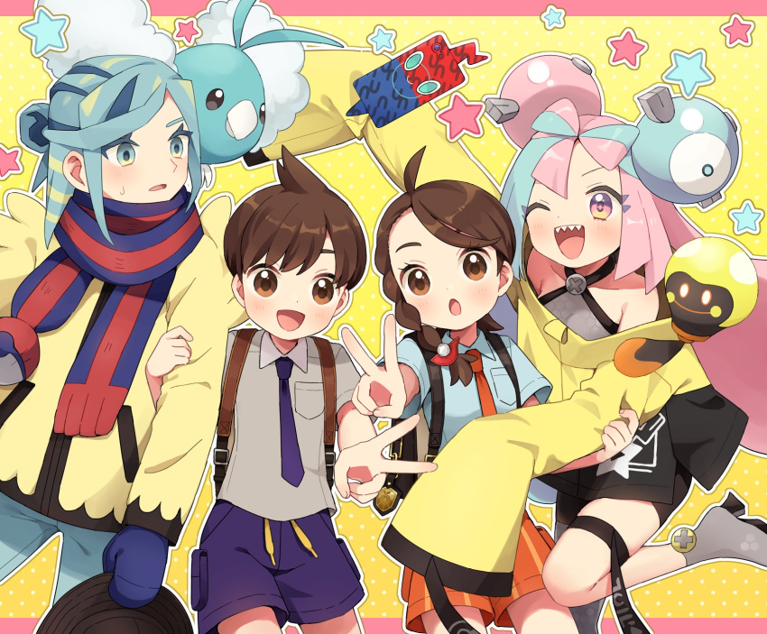 2boys 2girls :d ;d bird blush boots bow-shaped_hair breast_pocket brown_eyes brown_hair character_hair_ornament collared_shirt commentary_request feathers florian_(pokemon) fluffy green_eyes green_hair grey_footwear grey_shirt grusha_(pokemon) hair_ornament hat highres holding holding_clothes holding_hat iono_(pokemon) jacket juliana_(pokemon) leg_up mittens multicolored_hair multiple_boys multiple_girls naranja_academy_school_uniform necktie one_eye_closed open_mouth orange_necktie orange_shorts pants pink_hair pocket pokemon pokemon_(creature) pokemon_sv purple_necktie purple_shorts rii_(pixiv11152329) scarf school_uniform sharp_teeth shirt short_hair shorts smile striped_clothes striped_scarf swablu sweatdrop tadbulb teeth tongue two-tone_hair upper_teeth_only uva_academy_school_uniform v yellow_jacket