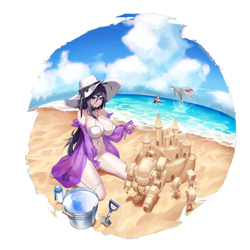 ! 3girls ahoge ankleband bare_shoulders barefoot beach between_breasts bikini black_bikini black_choker black_nails black_ribbon blue_footwear blue_hair breasts bucket bucket_of_water choker cleavage cloud cloudy_sky collarbone covering_crotch covering_privates criss-cross_halter d-log dolphin echidna_(last_origin) flip-flops frilled_bikini frilled_choker frilled_shawl frills full_body green_eyes hair_between_eyes halterneck hat hat_ribbon hela_(last_origin) highleg highleg_swimsuit highres horns jumping large_breasts last_origin light_blue_hair linea_alba long_hair looking_at_viewer messy_hair multicolored_hair multiple_girls nail_polish navel neodym ocean official_alternate_costume official_art open_mouth outdoors planted planted_shovel purple_eyes purple_hair purple_shawl red_hair reflection reflective_water ribbon robot sand_castle sand_sculpture sandals see-through see-through_shawl shawl shovel sitting skindentation sky streaked_hair string_bikini sun_hat swimsuit tachi-e thermos thigh_strap third-party_source transparent_background two-tone_hair wariza white_bikini white_headwear yellow_eyes yellow_horns