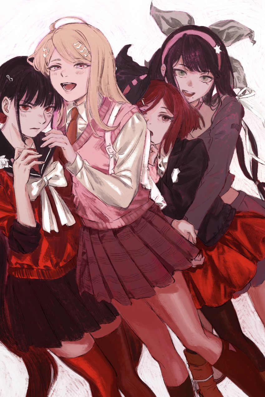 4girls :d absurdres ahoge akamatsu_kaede black_hair black_headwear black_jacket black_pantyhose black_sailor_collar black_socks blonde_hair blunt_bangs blush bow bowtie breasts brown_hair brown_necktie chabashira_tenko collared_shirt commentary_request danganronpa_(series) danganronpa_v3:_killing_harmony dress_shirt hair_ornament hair_ribbon hair_scrunchie hairclip harukawa_maki hat highres hug hug_from_behind jacket kneehighs long_hair long_sleeves looking_at_viewer low_twintails machihazure mole mole_under_eye mole_under_mouth multiple_girls musical_note musical_note_hair_ornament necktie open_mouth pantyhose pink_vest pleated_skirt red_eyes red_hair red_legwear red_scrunchie red_shirt ribbon sailor_collar school_uniform scrunchie serafuku shirt short_hair skirt smile socks sweater_vest tongue twintails vest white_bow white_bowtie white_shirt witch_hat yumeno_himiko